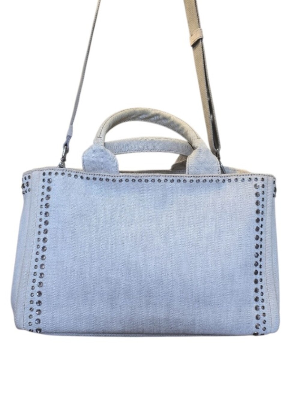 Prada Crystal Studded Lg Canapa Denim Tote w/ Card & Crossbody Strap in EUC - Picture 4 of 16